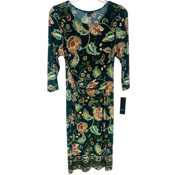 NWT R&K Floral Midi Dress Tie Belt Women’s Sz Large 3/4 Sleeve Green - Picture 2 of 10